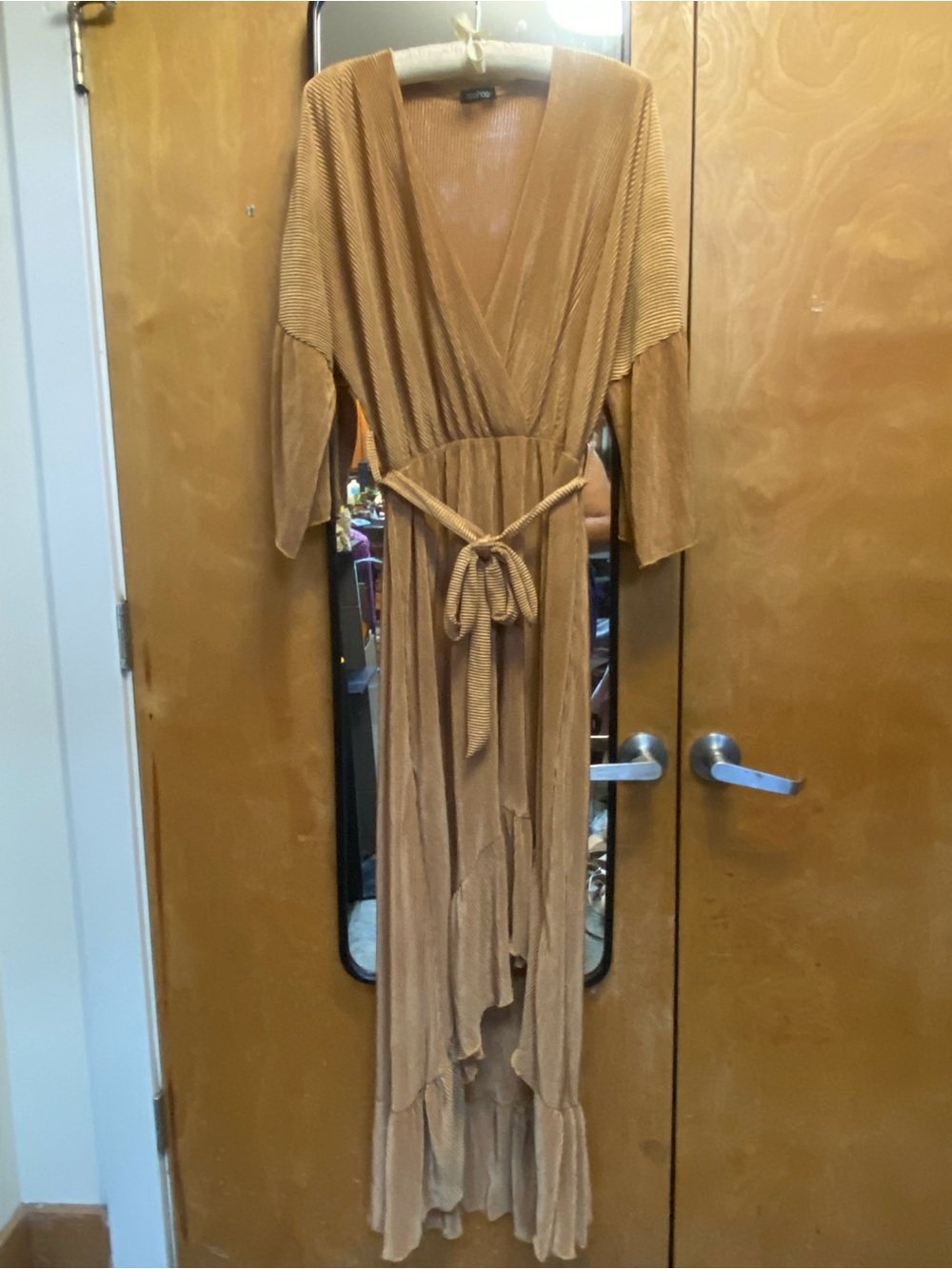Women’s Wrap High Low Maxi Ribbed Dress in Gold with Tie Waist